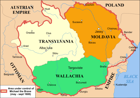 Mapa na kojoj su 3 stare rumunske provincije koje su se ujedinile godine 1600 pod knezom Mihailom, vladarom vlaške..To su provincije Vlaška, Transilvanija i Moldavija.