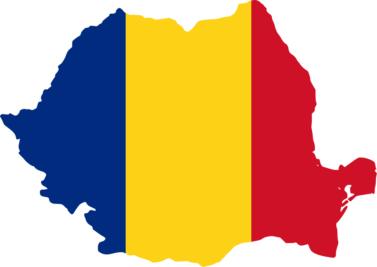 Mapa Rumunije u bojama zastave Rumunije a to su sa leva na desno, usrpravno boje - plava žuta crvena