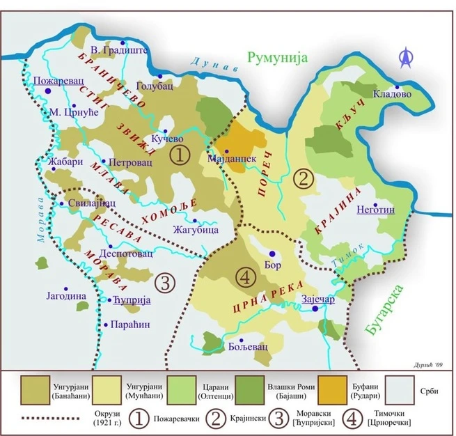 Detaljna etno-lingvistička karta Rumuna(Vlaha) istočne Srbije rumunskog jezika, izradio etnolog Paun Es Durlic