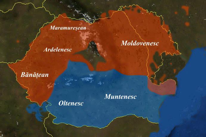 Karta gde se vide teritorijalno Dijalekti rumunskog jezika u Rumuniji i Moldovi