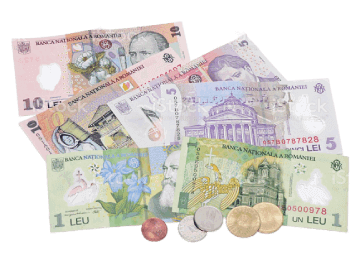 Na slici su različite novčanice pa i kovani novac koji predstavlja valutu u Rumuniji i naziva se Lei.
