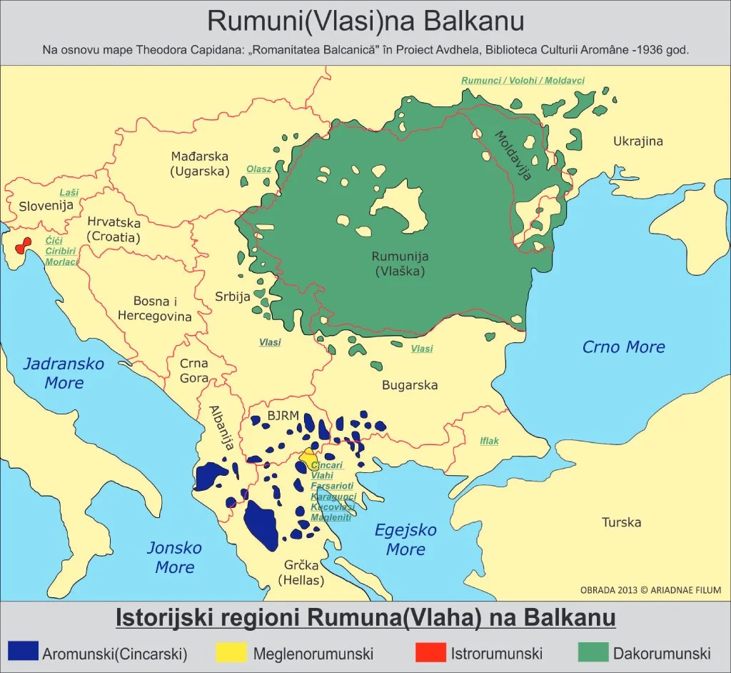 Mapa balkanskog poluostrva koja pokazuje gde su sve nastanjeni Rumuni i na koje se 4 grupe dele.