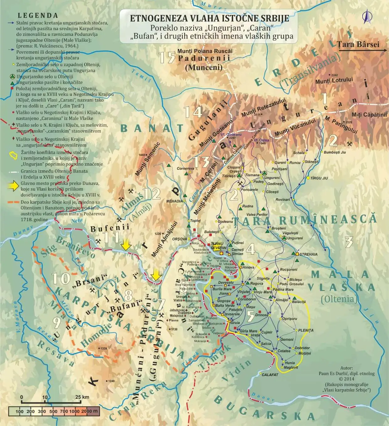 Mapa na kojoj se vide istočna Srbija Rumunija i Bugarska. Pre granice su bile drugačije. Nacrtani su pravci kretanja Rumuna iz Rumunije u istočnu Srbiju. Ovi Rumuni (Vlasi) dele se u dve velike grupe - Ungurijani i Carani u zavisnosti odakle su se doselili.