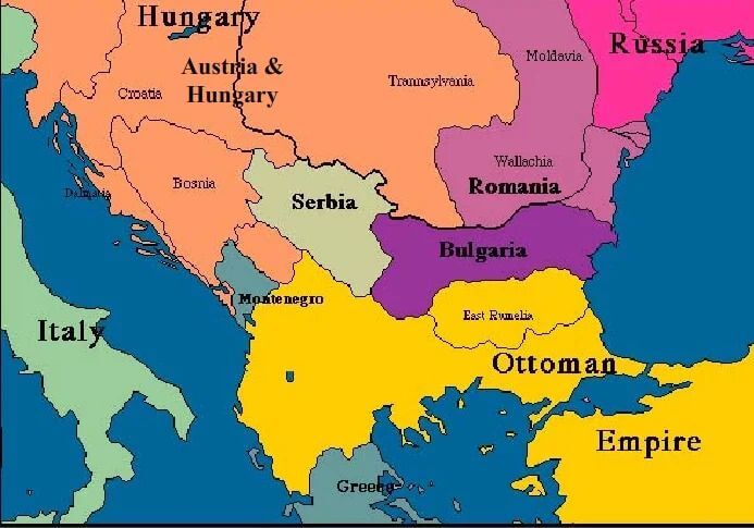 Na slici se vidi karta gde nakon pada osmanskog carstva 4 države dobijaju nezavisnost od osmanskog carstva - Rumunija, Bugarska, Srbija, Crna Gora, Grčka