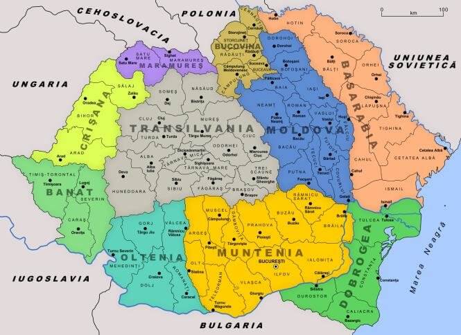 Na slici je karta velike Rumunije koja obuhvata razne oblasti, uključujući Moldovu i Besarabiju