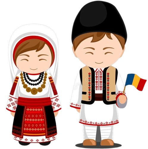 Animirani likovi muskarac i žena se smeju u rumunskoj narodnoj nosnji. Muskarac drzi zastavu rumunije.