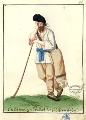 Vlah (Rumun) u narodnoj nošnji obučen u belo odelo i crnu kapu, naslonjen na svoj štap u polju dok čuva stoku, zabrinutog lika. Istu nošnju nose Vlasi u istočnoj Srbiji kao i Rumuni iz Transilvanije, nacrtano 1729 godine u Gracu, Austrija